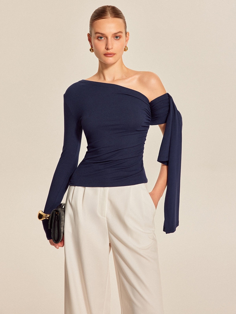 Commense Asymmetrical Draped Sleeve Top - Black - Picture 2 of 3